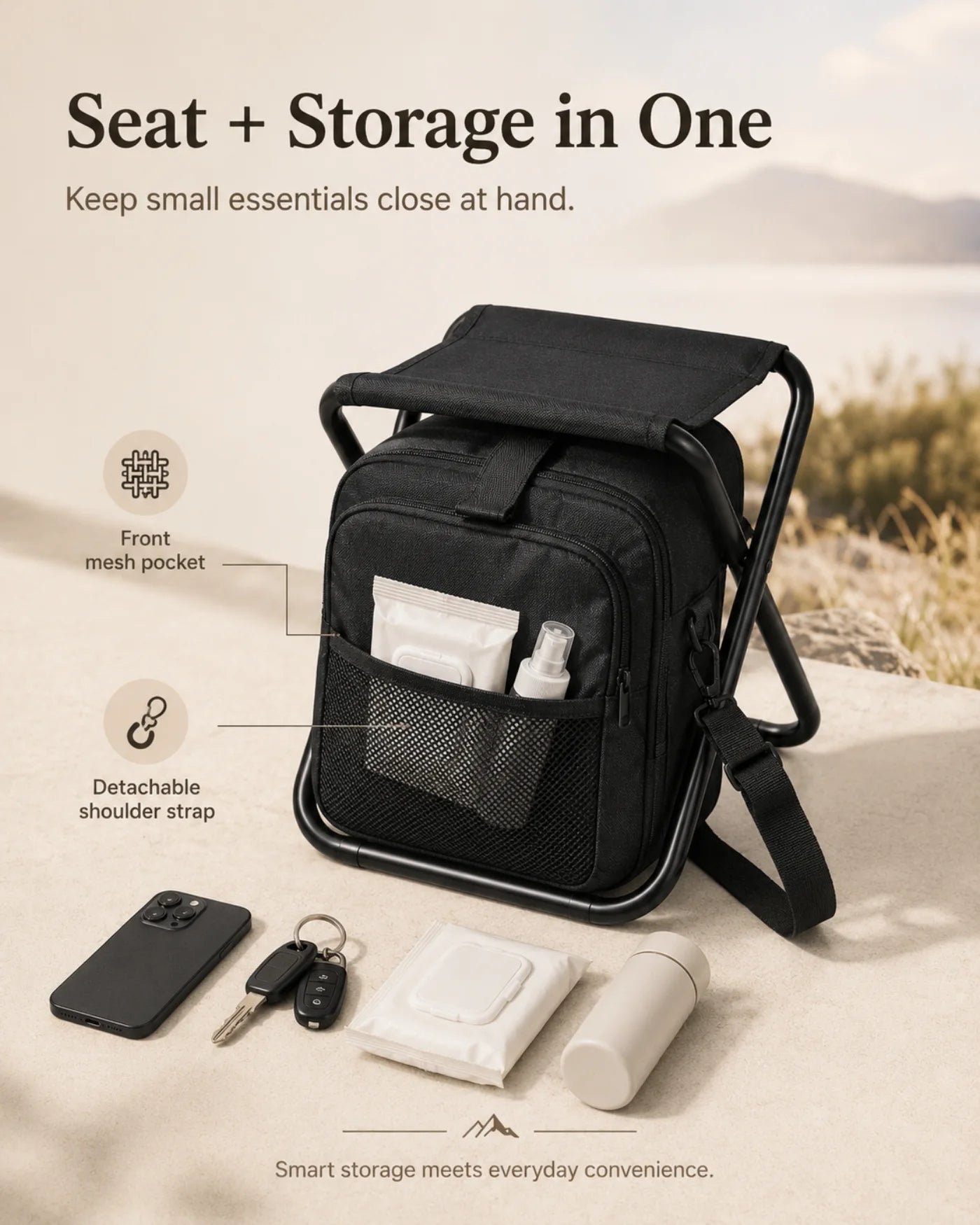 Folding stool with its detachable shoulder strap and storage pocket