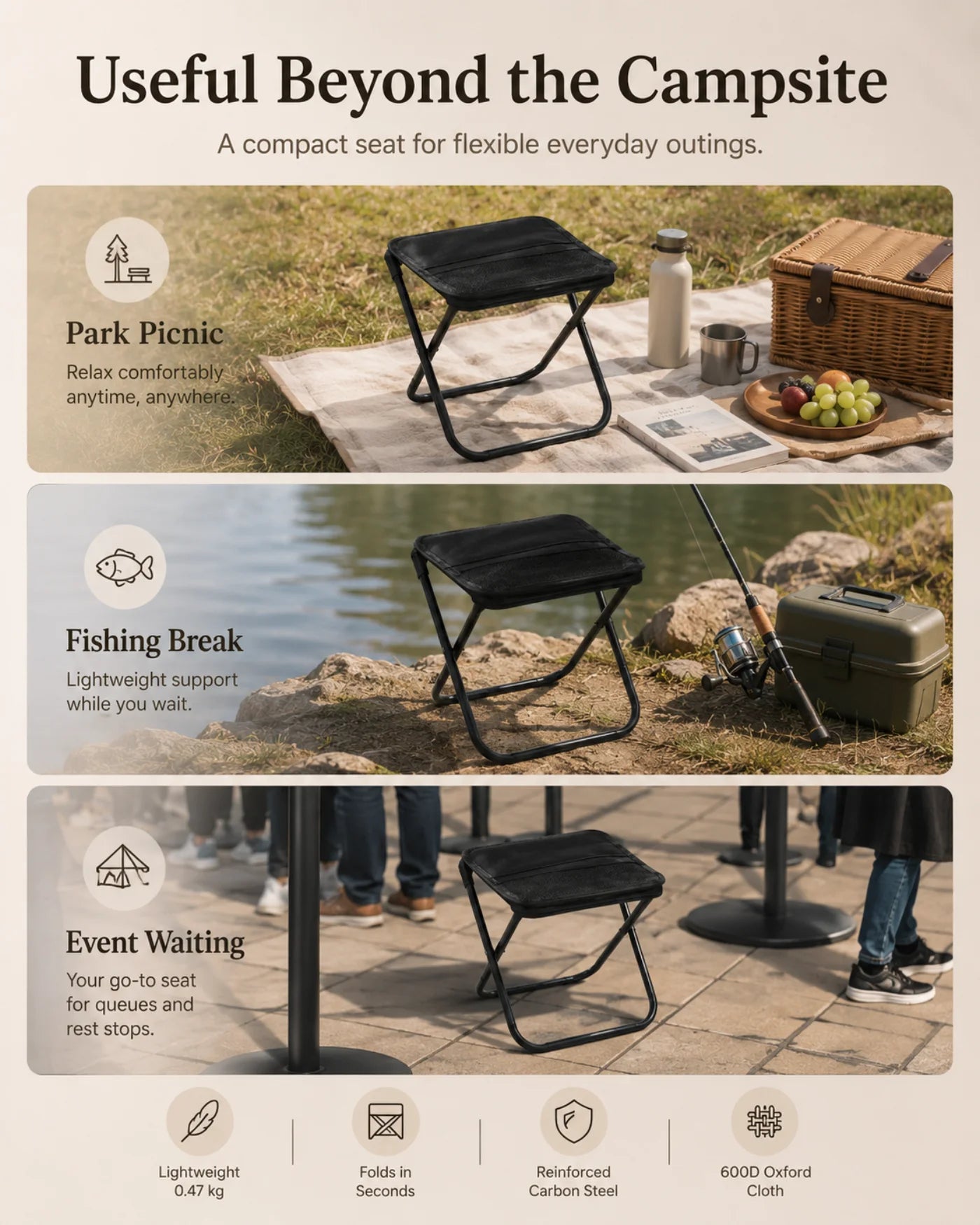 Folding stool used at a picnic, fishing spot and event queue